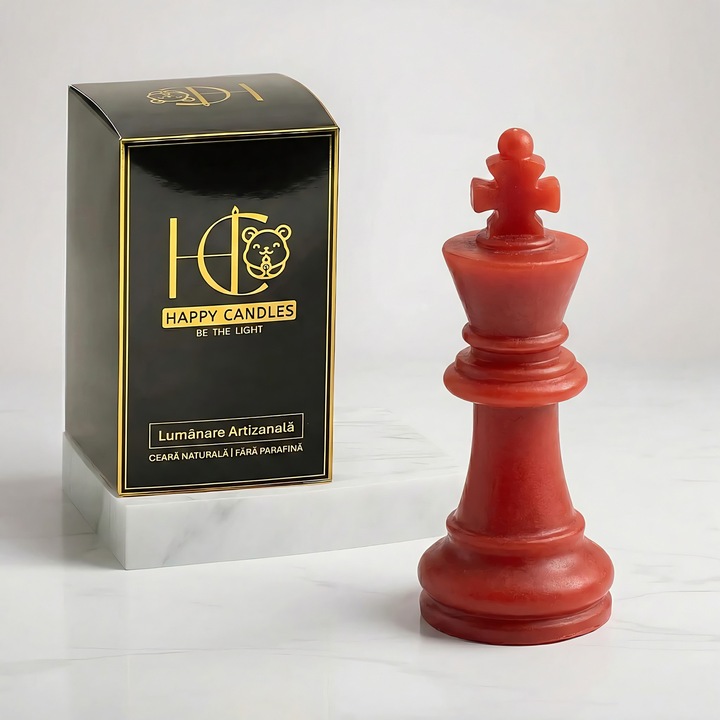 Декоративна свещ от естествен пчелен восък, Happy Candles, Шах Крал, Червена, Ръчна изработка, 33гр