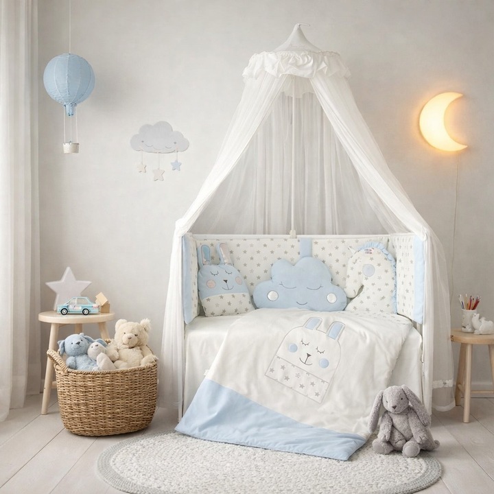 Set patut bebe albastru 7 piese protectie laterala perne decorative plapuma 100 bumbac, Multicolor