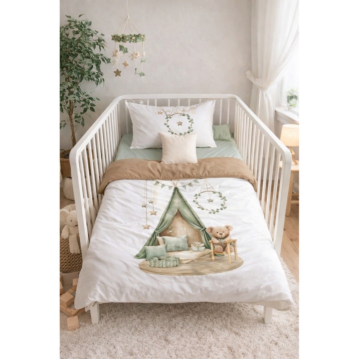 Lenjerie patut bebe 3 piese bumbac 100% set patut copii cu husa pilota, cearsaf, fata perna cort ursulet, Multicolor