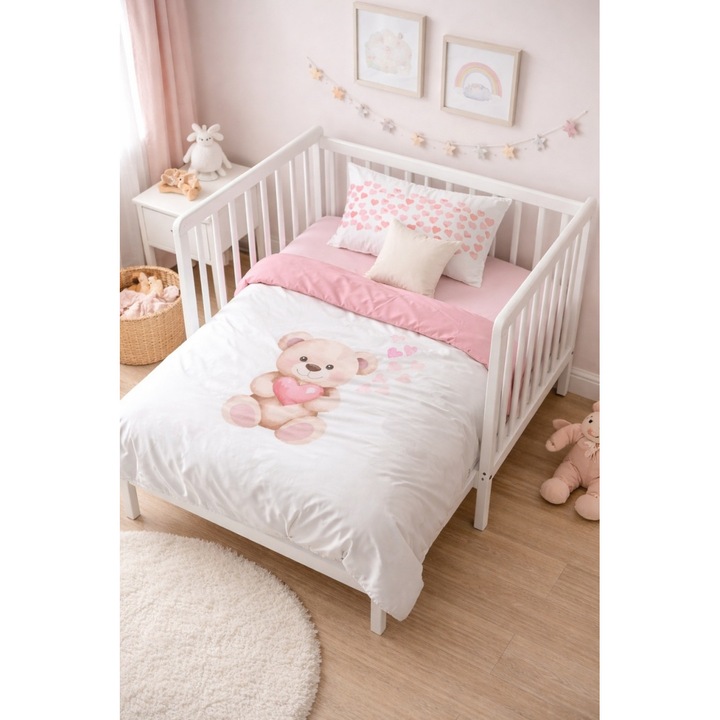 Lenjerie patut bebe fetite 3 piese bumbac 100% set patut copii cu husa pilota, cearsaf si fata perna ursulet, Multicolor