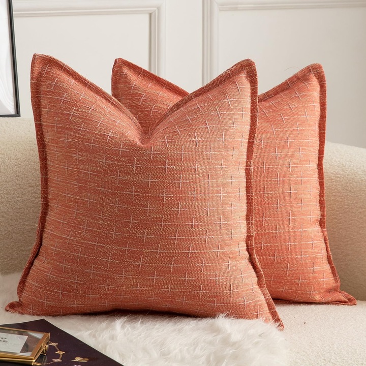 Set 2 huse perna decorative MANDIOO, model tesut, 65 x 65 cm, material tip in, fermoar, culoare Coral