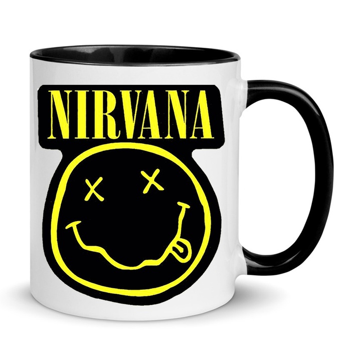 Cana ceramica Nirvana No.2, 330ml, design "NOB", alb-negru, rezistent la masina de spalat, capacitate standard