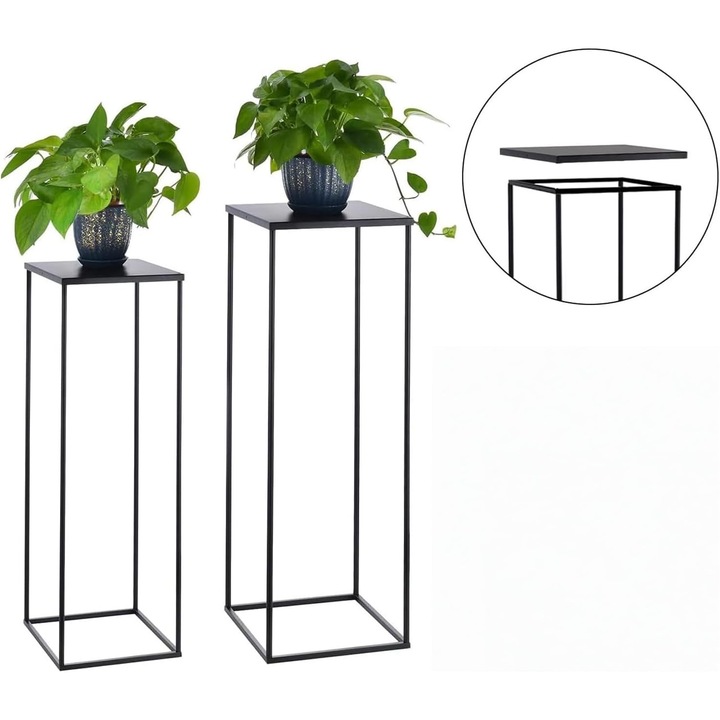 Set 2 suporturi flori metalice VINCIGANT, 70 cm si 80 cm, design minimalist, max 13 kg, culoare Negru