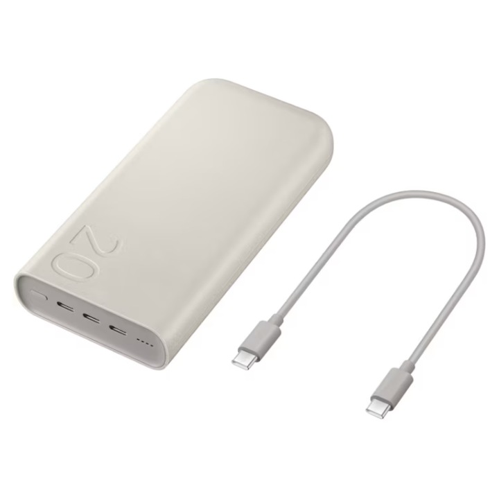 Baterie externa pentru Samsung, 20000 mAh, Incarcare super rapida 45 W, 3 x USB Type-C, bej