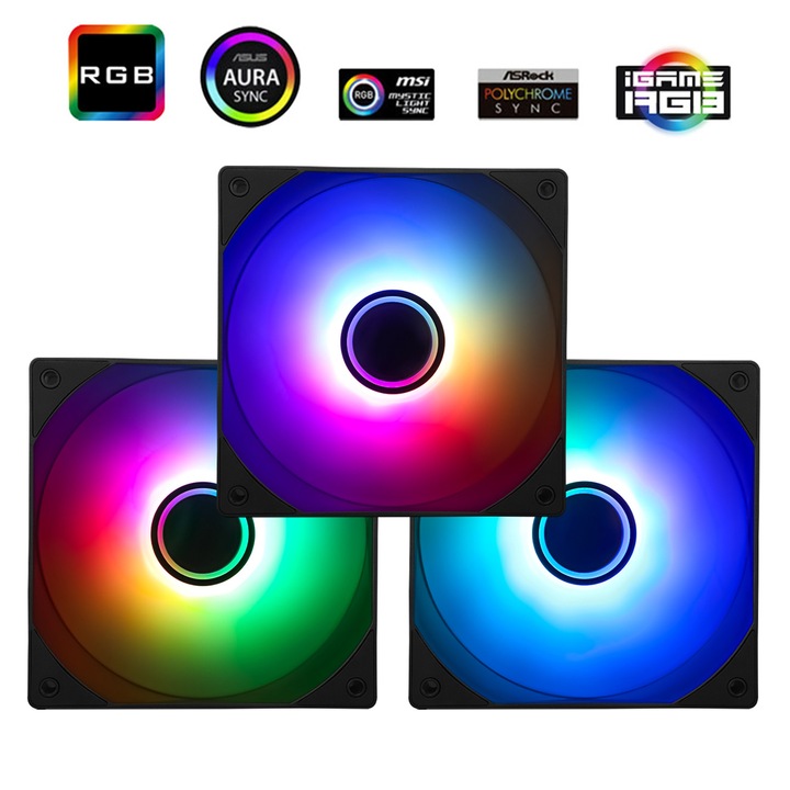 Set 3 ventilatoare PC Thermalright TL-C12B-S V3 X3, ARGB 5V, PWM 4-Pin, 1500 RPM, 120 x 120 x 25.6 mm, Plastic, culoare Negru