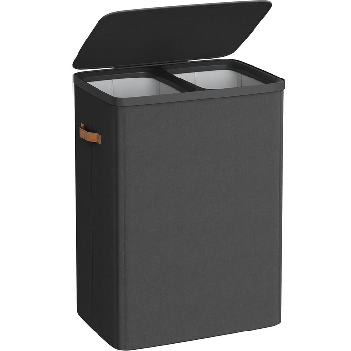 SONGMICS Кош за пране с 2 отделения и капак, подвижни торби с дръжка, 170 литра, 56x40x75 см, черен