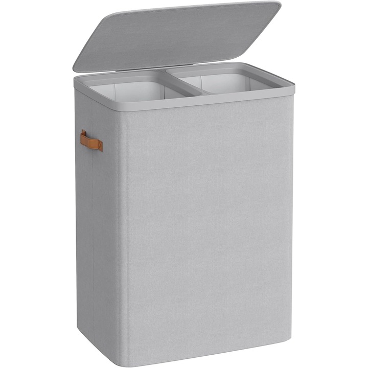 SONGMICS Кош за пране с 2 отделения и капак, подвижни торби с дръжки, 170 литра, 56x40x75 см, сив