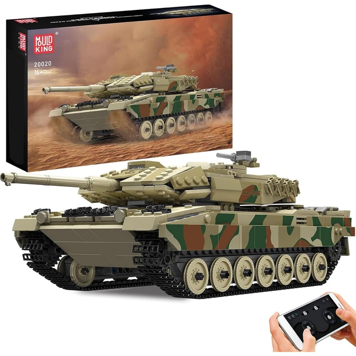 Set de constructie Mould King 20020 Tant Leopard 2 Tiger, 1091 de piese, model militar cu telecomanda, un cadou pentru entuziastii de modele militare