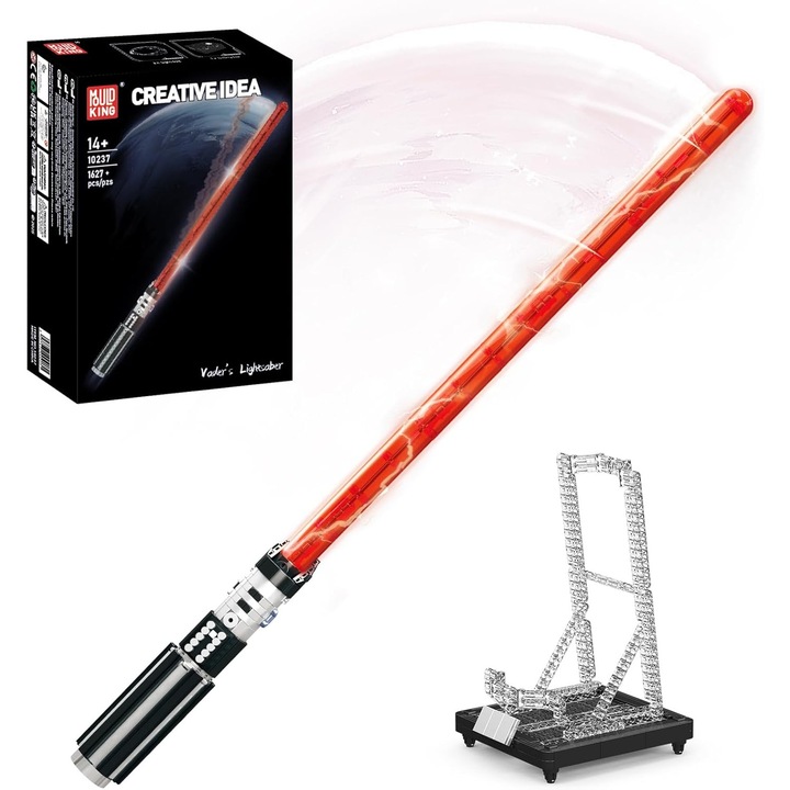 Set de constructie Mould King 10237 Lightsaber – 1627 piese, Lumini LED si Suport de Expunere, Cadou Perfect pentru Fanii Star Wars