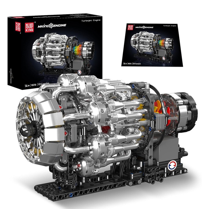 Set de constructie Mould King 10216 Turboreactor Jet Engine, 1214 piese, model mecanic transparent cu motor L, cadou educational pentru pasionatii de aviatie si inginerie