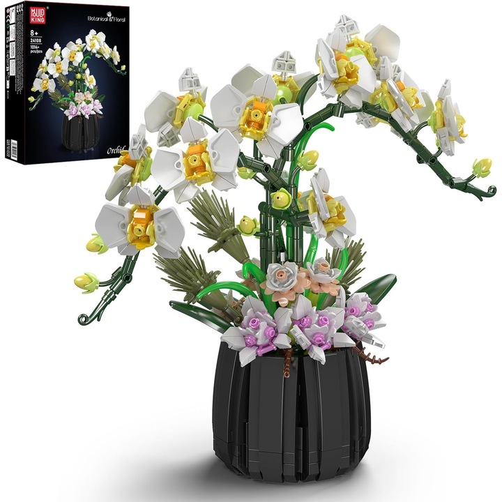 Mould King 24108 Строителен комплект Орхидея Botanicals - Реалистичен комплект изкуствени растения за възрастни, декорация за домашен офис с реалистичен дизайн на саксия за орхидея (1014 части)