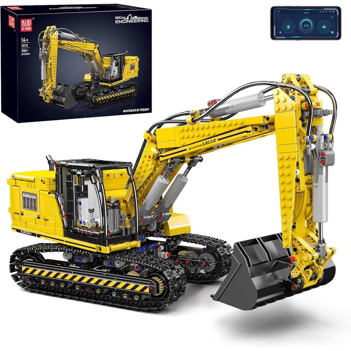 Set de constructie Mould King 13112 RC Excavator – 2169 piese, Model Teleghidat cu Telecomanda APP, Vehicul de Constructii cu Functii Motorizate