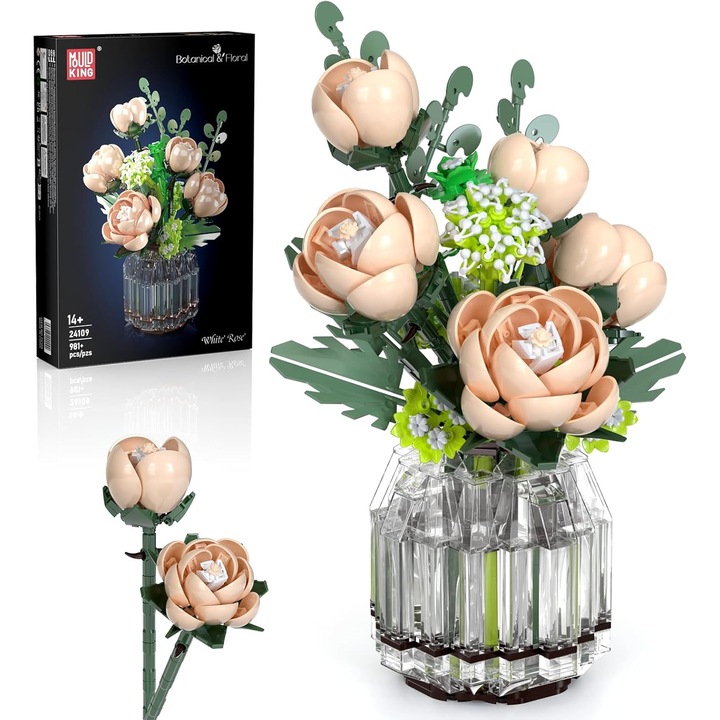 Set de constructie Mould King 24109 Buchet de Trandafiri Simulat, 981 de piese, model static elegant, un cadou pentru iubitorii de arta florala