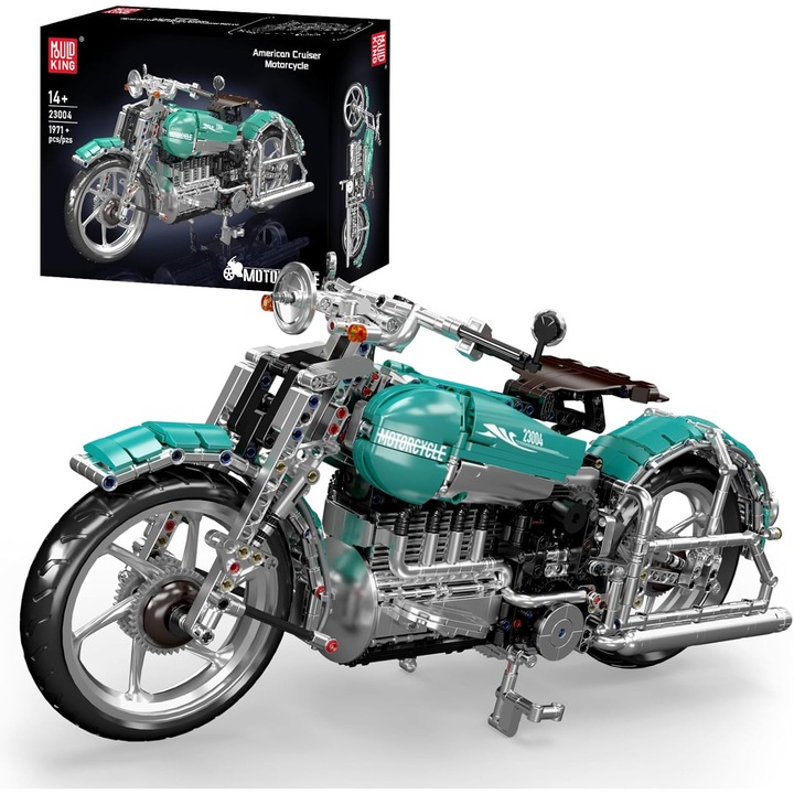 Set de constructie Mould King 23004 Motocicleta Cruiser Americana, 1971 piese, model static retro cu motor V-Twin vizibil si detalii cromate, cadou ideal pentru pasionatii de motociclete clasice