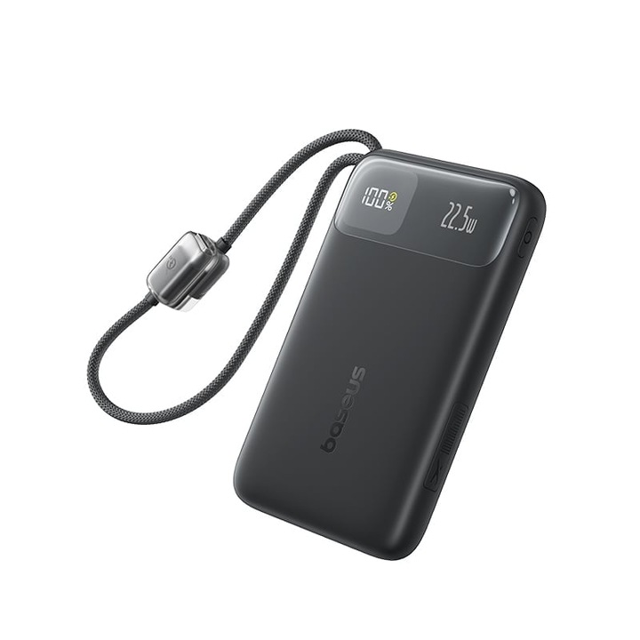 Acumulator extern Baseus EnerFill FC11 10.000 mAh, 22.5W, USB-C, USB-A, cablu detasabil, Negru