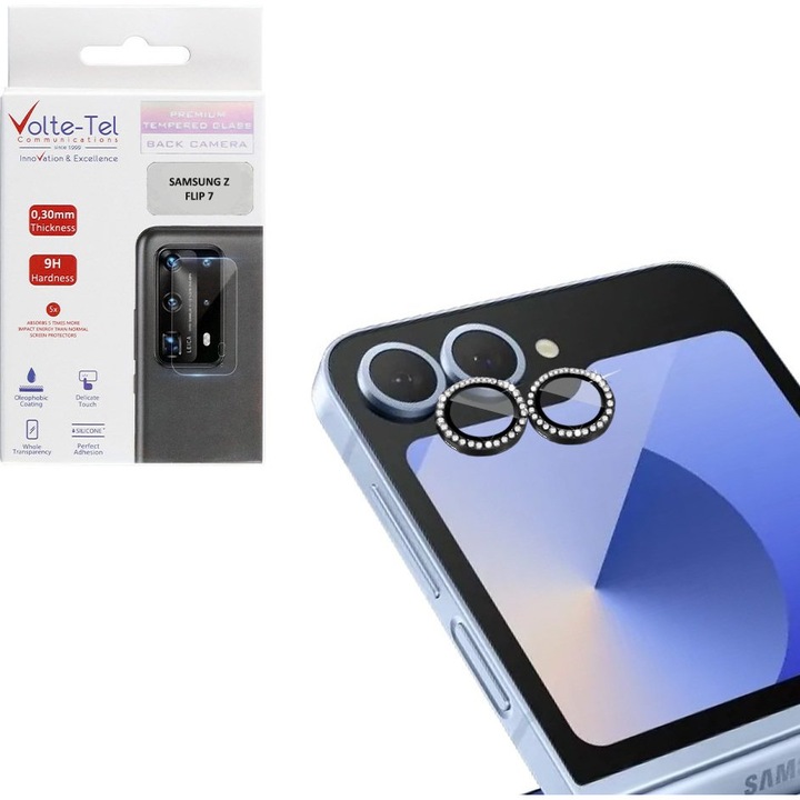 Folie protectie camera Volte-Tel, pentru Samsung Z Flip 7, 9H, 0.33mm, neagra, set complet