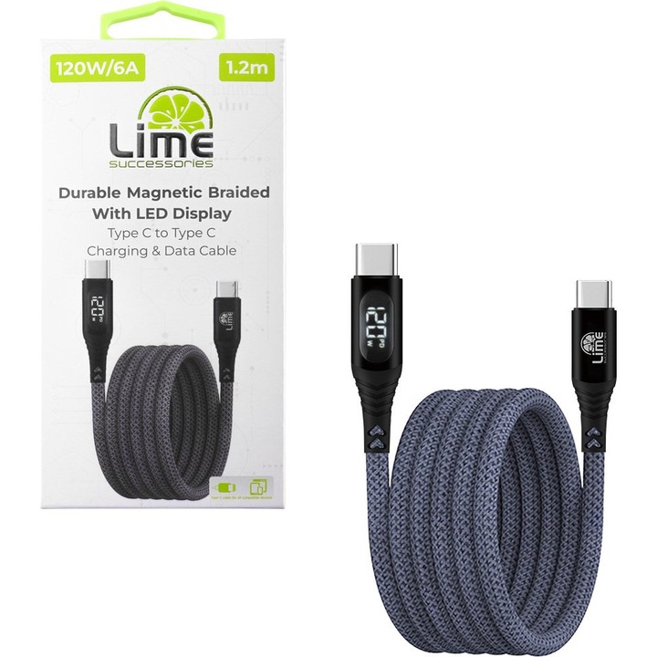 Cablu USB-C la USB-C 1.2m Lime 120W, design impletit, cu LED, gri