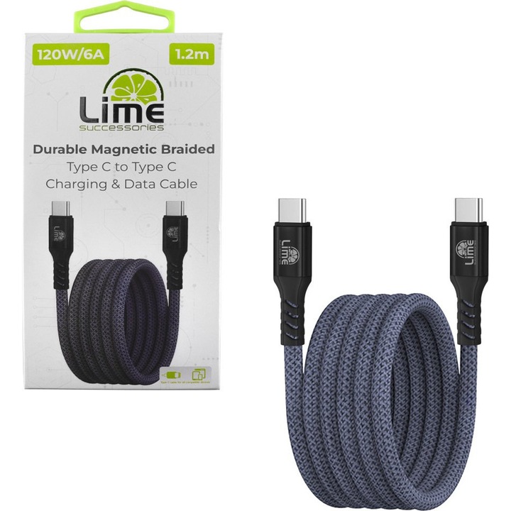 Cablu USB-C la USB-C 1.2m Lime 120W, gri-verde, design impletit, suporta Quick Charge 5.0