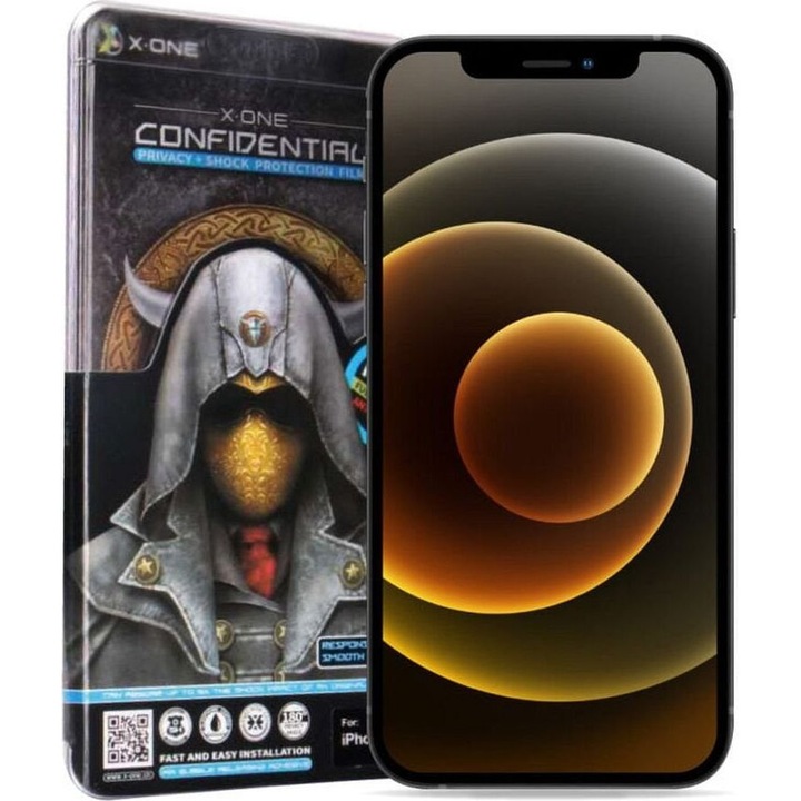 Folie de protectie X-One, sticla temperata cu filtru de confidentialitate, neagra, pentru iPhone 15 Plus/16 Plus, set complet