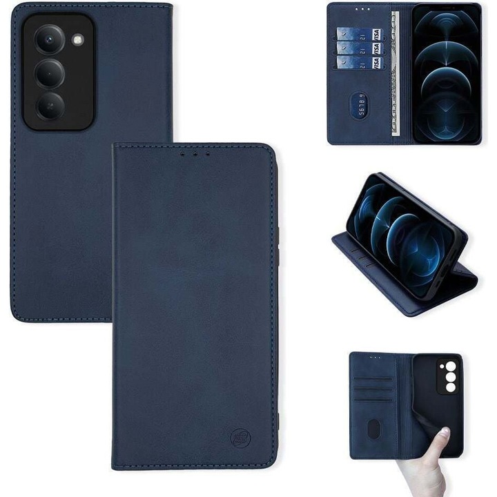 Sonique Theke Portofel Vintage Magnet pentru Xiaomi Redmi 15 4G / Redmi 15 5G, 3 compartimente pentru carduri, 1 compartiment mare, Albastru Inchis