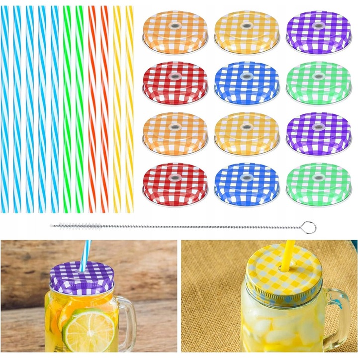 Set 12 capace colorate pentru borcane cu orificiu pentru pai, ideale pentru bauturi, multicolor