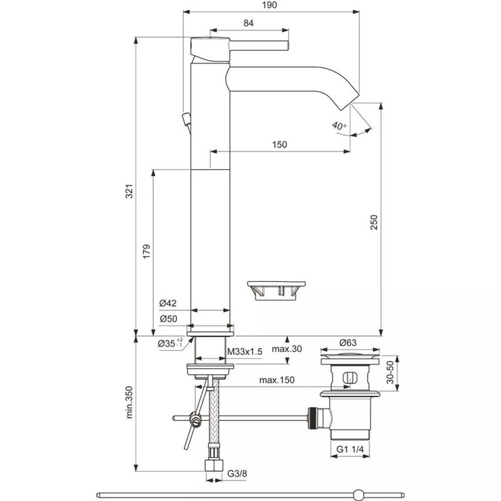 Ideal Standard CeraLine mosdó csaptelep, XL, 321 mm, szelep, króm, BC194AA