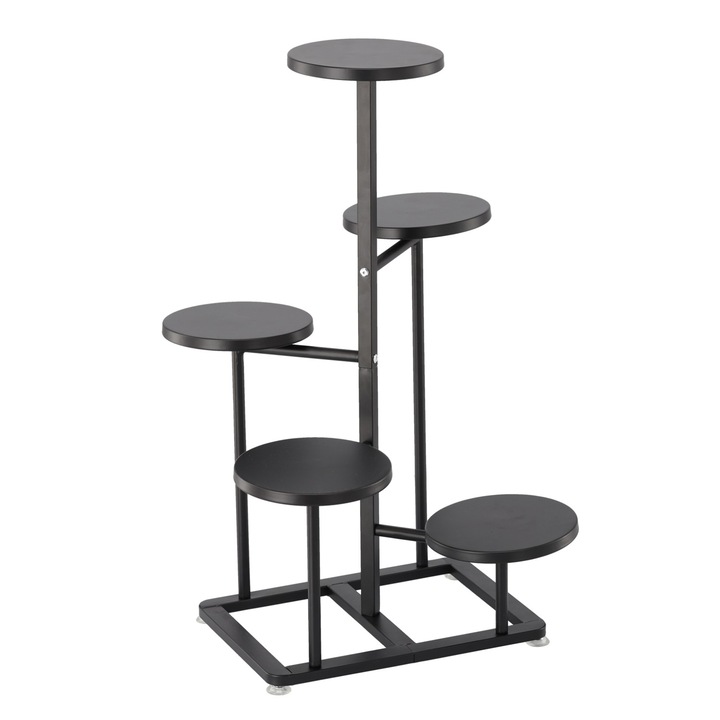 Suport pentru flori cu structura metalica, 5 niveluri, cu rafturi rotunde, 47x47x80 cm, negru