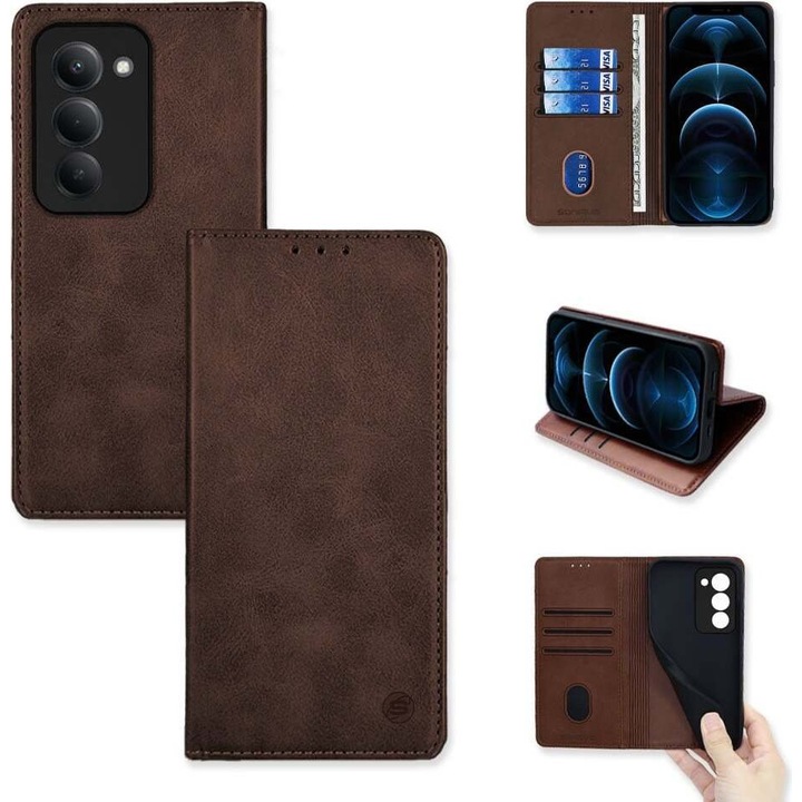 Sonique Theke Portofel Vintage Magnet pentru Xiaomi Redmi 15 4G / Redmi 15 5G, 3 compartimente pentru carduri, 1 compartiment mare, culoare cafea