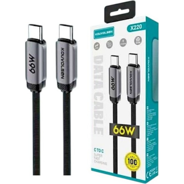 Cablu de date Tradesor USB Type-C la Type-C, 66W, 1m, protectie impotriva spasmelor