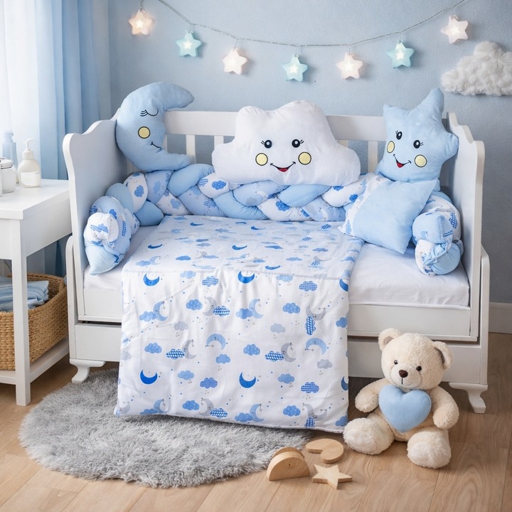 Set patut bebe 7 piese protectie laterala perne decorative plapuma 100 bumbac, Multicolor