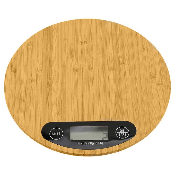 Cantar Bucatarie Electronic din Bambus, 5kg/1g, Display LED/LCD Mare, Functie TARE, Oprire Automata, Unitati Multiple g/lb/oz/kg/ml, Design Modern Antiderapant