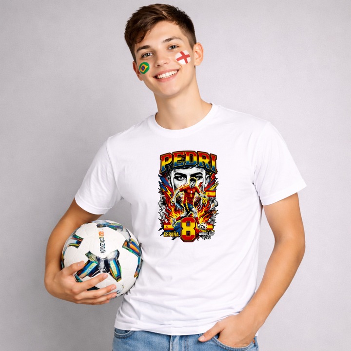 Tricou Pedri Spain World Cup Fifa 2026 V3, Barbat, 100% bumbac, CRI-FLO, Cadou Aniversare Evenimente, Culoare Alb, Marime S