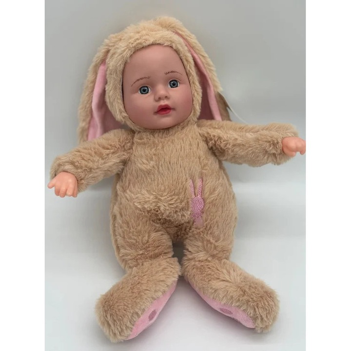 Papusa Bebe in Costum de Iepuras de Plus, 35 cm, Canta „Nu mi-e frica de bau-bau”