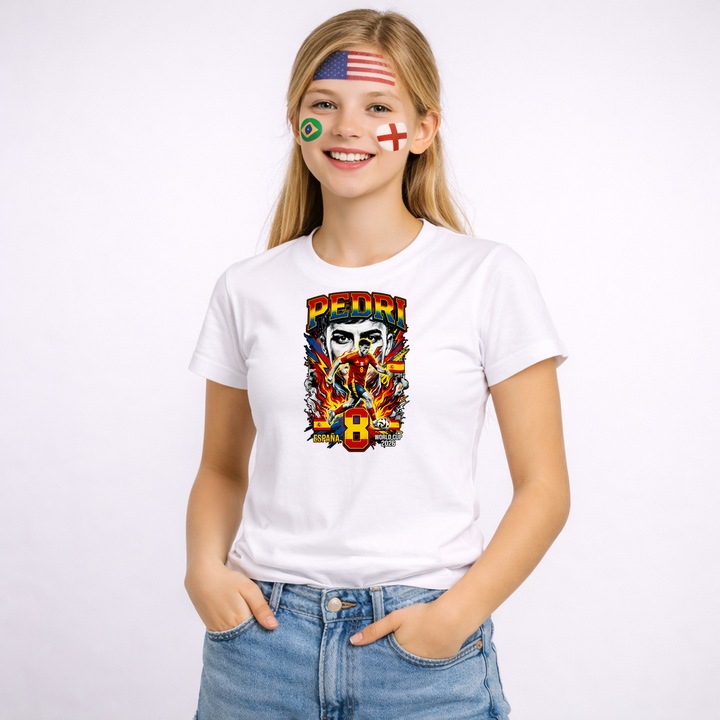 Tricou Pedri Spain World Cup Fifa 2026 V2, Dama, 100% bumbac, CRI-FLO, Cadou Aniversare Evenimente, Culoare Alb, Marime XS