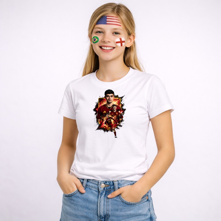 Tricou Pedri World Cup Fifa 2026 V5, Dama, 100% bumbac, CRI-FLO, Cadou Aniversare Evenimente, Culoare Alb, Marime XS