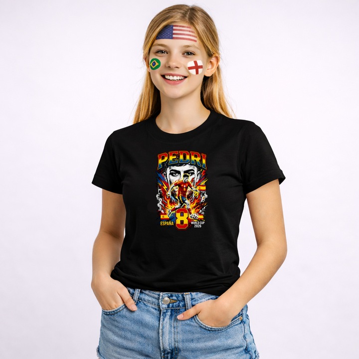Tricou Pedri Spain World Cup Fifa 2026 V2, Dama, 100% bumbac, CRI-FLO, Cadou Aniversare Evenimente, Culoare Negru, Marime XS