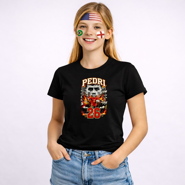 Tricou Pedri Spain World Cup Fifa 2026, Dama, 100% bumbac, CRI-FLO, Cadou Aniversare Evenimente, Culoare Negru, Marime S