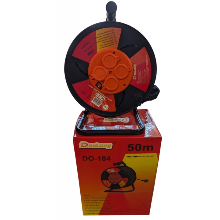 Hosszabbító dobbal 50m, 4 földelt aljzat, 16A, 4000W, 3x2.5 mm kábel, beltéri és kültéri használatra