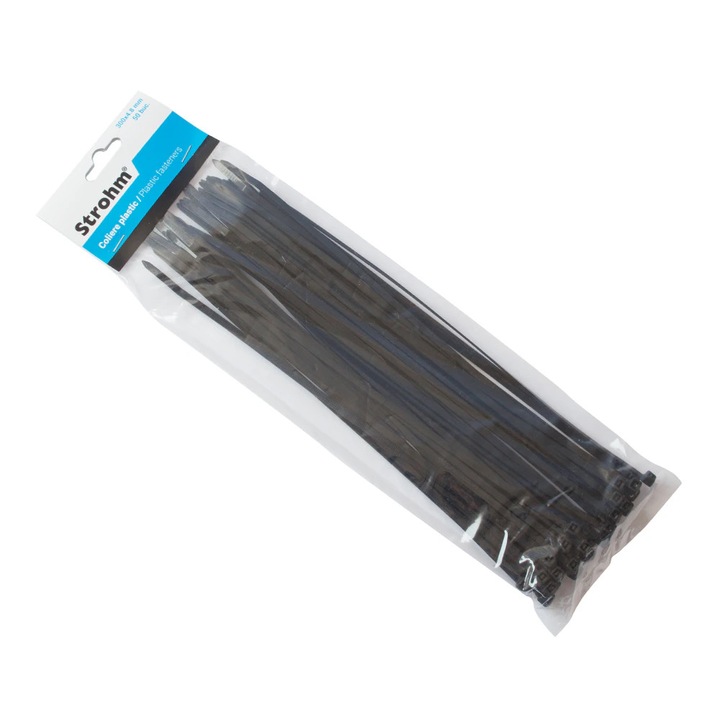 Colier plastic, negru, 400 x 4 x 8 mm, 50 bucati Strohm