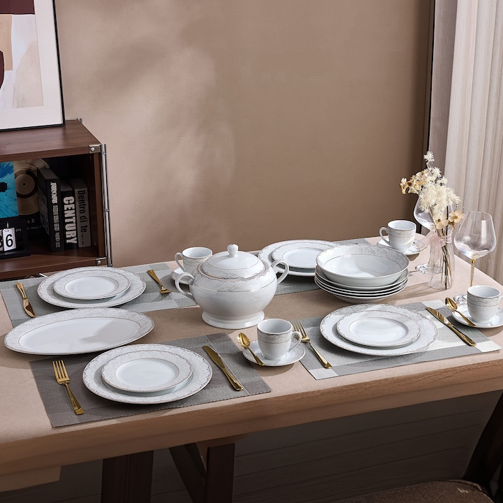 Serviciu de Masa 12 Persoane Golden Paisley Heritage din Portelan Premium, 64 Piese, Design Clasic Oriental Auriu