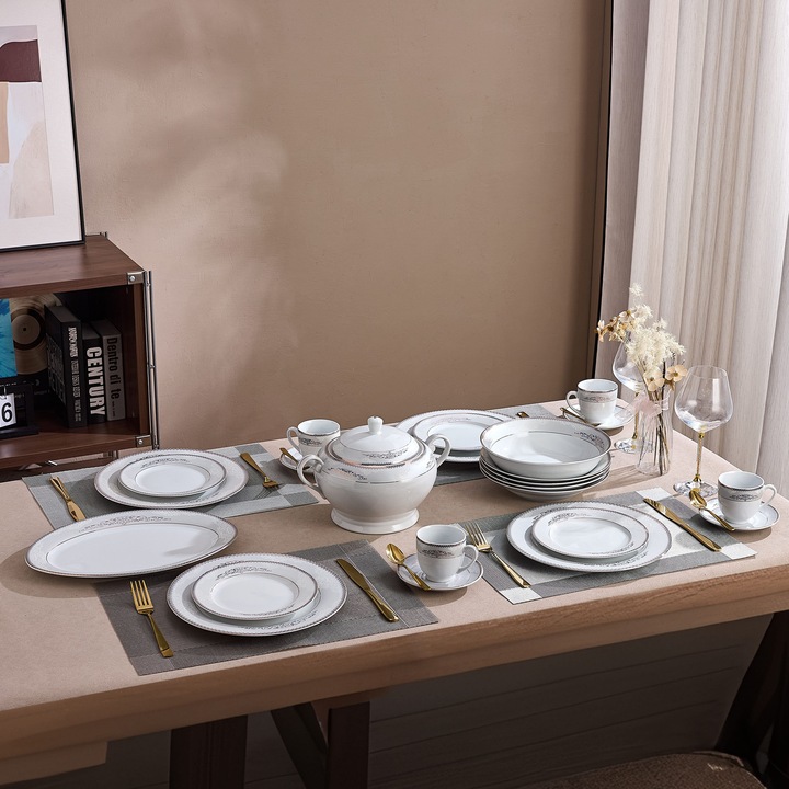 Serviciu de Masa 12 Persoane Silver & Gold Filigree din Portelan Premium, 64 Piese, Design Baroc Bicolor