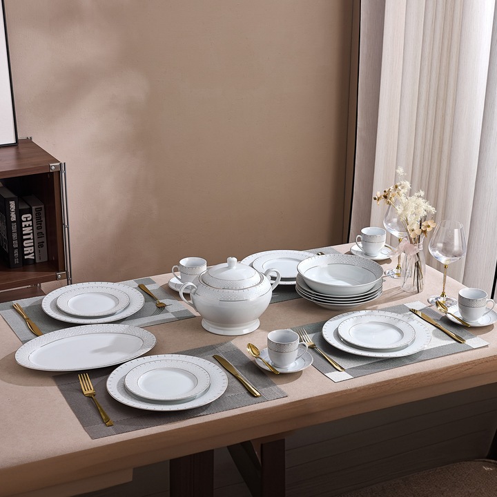 Serviciu de Masa 12 Persoane Golden Aurora din Portelan Premium, 64 Piese, Design Geometric si Bordura Aurie