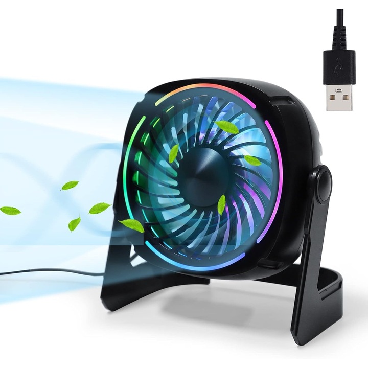 USB настолен вентилатор Litake RGB, малък и тих, Φ15см, 8 режима на осветление, 3 скорости