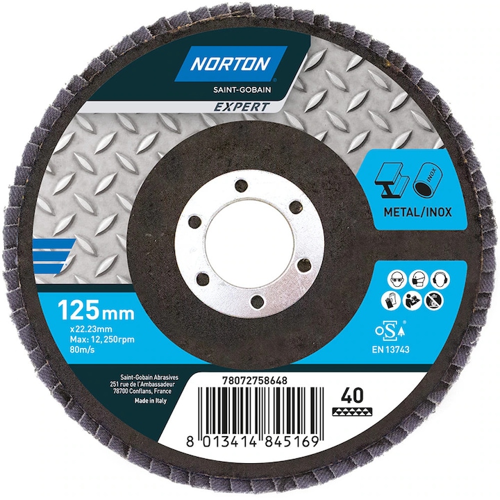 Disc lamelar frontal NORTON, 125 x 22 mm, P40, oxid de aluminiu, albastru