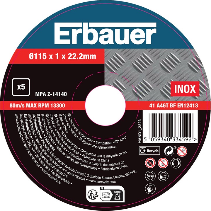 ERBAUER csiszolótárcsa, fém, 115x22.2mm, 5 darab