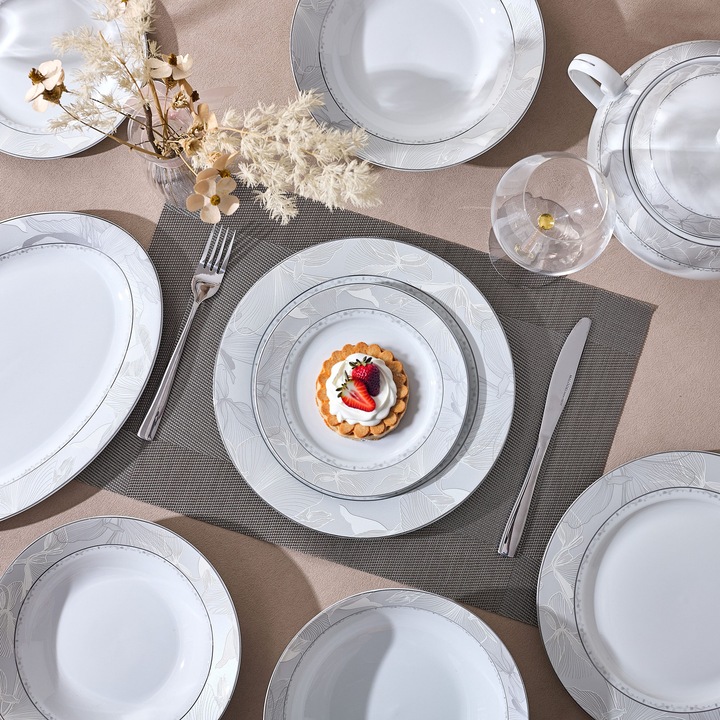 Set Masa 6 persoane Malooki, 30 piese, Portelan Premium, Alb cu Bordura Argintie