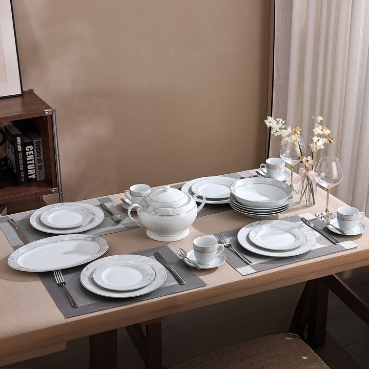 Serviciu de Masa 12 Persoane Silver Leaf din Portelan Premium, 64 Piese, Design Floral cu Bordura Argintie