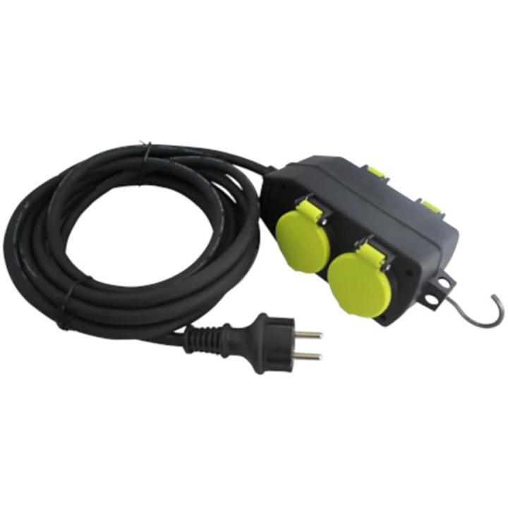 Удължител DIALL H07RNF, 4 контакта тип Schuko, 5 м, 1.5 мм, с кука, черен