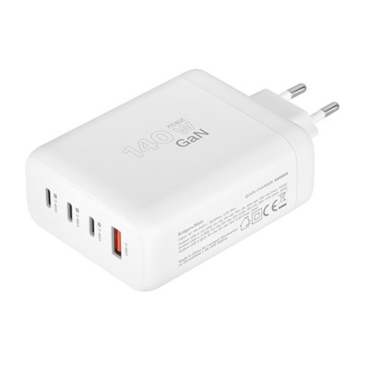 Incarcator Retea GaN 140W Kruger&Matz, Fast Charge QC 3.0 & PD 3.1, 3x USB-C + USB-A, Protectie Suprasarcina/Supratensiune, Certificat CE RoHS