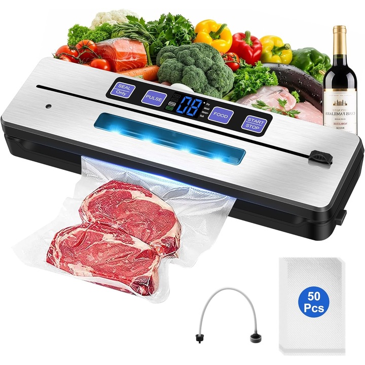 Aparat de vidat KLGFI, 7 in 1, functie seal si vacuum, mod Dry/Moist/Soft, display digital, 37 x 11 x 6 cm, ABS + inox, culoare Argintiu/Negru
